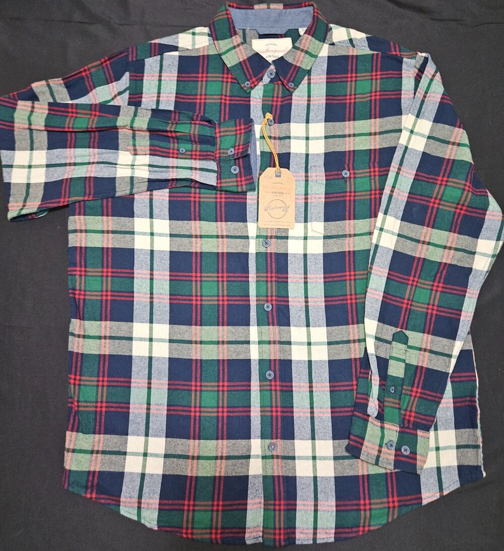 Weatherproof Vintage Mens XL Green Plaid Flannel Shirt 100% Cotton NWT